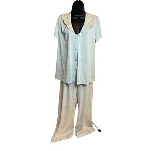 Vintage Vanity Fair Blue Nylon Lace Collar Button Up Top Elastic Waist Pajamas
